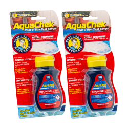 Pack of 2 red Aquachek analytical strips for bromine, hardness, alkalinity and pH.