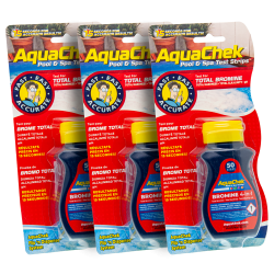 Pack of 3 red Aquachek analytical strips for bromine, hardness, alkalinity and pH.